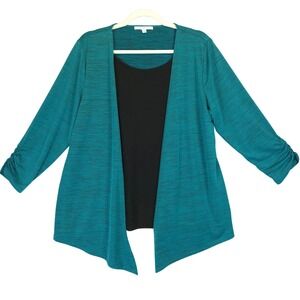 Linda Matthews Layered Cardigan Top Women XL Teal Black 3/4 Sleeve Open Front